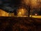 Lonely houses and trees on the street in the night.