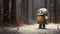 Lonely Inspection Robot In Snowy Forest: Eerily Realistic Cartoon-like Character