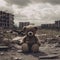 A lonely lost teddy bear sitting on the ruins of a big destroyed city after the end of the world or after a big disaster like