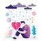 Lonely male character sitting in rain. Sad man suffering from broken heart. Guy in complete despair from non-reciprocal love