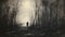 Lonely Man: A Dark And Moody Pencil Drawing In Atmospheric Woodland Imagery