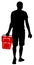 Lonely man doing everyday grocery shopping with shopping basket at supermarket, vector silhouette.