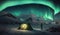 Lonely man looks at Northern lights in sky near tourist tent at night