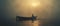 A lonely man sitting in a boat in the middle of a lake or sea. Overcast, foggy, misty wheather.