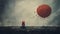 A lonely man is sitting on a rock under a red balloon, in the style of darkly romantic illustrations, textured illustrations,