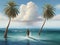 A lonely man standing between two palm trees against the background of the sea and the sky