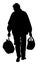 Lonely mature man with shopping bags walk after work, vector silhouette.