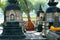 Lonely monk pray to Buddha in the park