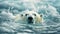 Lonely mother polar bear swimming in frozen cold Antarctic sea waters between ice and ice floes enjoying picturesque moody