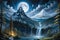 Lonely Mountain - Center of the Composition Under a Fantasy Starlit Sky, Cascading Waterfalls Emanating Tranquility