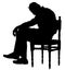 Lonely old man sitting on chair in vector silhouette illustration. Worried senior person. Desperate retiree looking down.