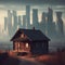 A lonely old, wooden house against the backdrop of a large metropolis