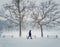 Lonely person walking in the park in a cold and snowy winter day. Seasonal blizzard weather on the street. Snowfall morning in the