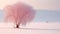 Lonely Pink Willow Tree In Snowfield: Translucent Color And Sublime Contrasts