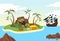 Lonely pirate harbour ocean sea, ship raider moored isle, gold money treasure island, bandit shelter flat vector