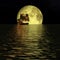 Lonely pirate sail ship in a calm ocean, full yellow moon, and stars