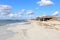 Lonely Platja Es Trenc beach panorama, bamboo hut beach bar and Mediterranean Sea on Majorca