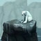 Lonely polar bear sitting isolated on a large grey rock with melted ice and snow