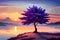 Lonely purple cherry tree by the lake at sunset, beautiful landscape nature, Vector illustration, generative ai