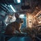 Lonely rabbit lost on space station, little bunny in cosmos. Generative AI