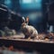 Lonely rabbit lost on space station, little bunny in cosmos. Generative AI