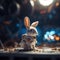 Lonely rabbit lost on space station, little bunny in cosmos. Generative AI