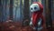Lonely Red Hooded Robot In A Wood Forest