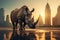 Lonely rhinoceros standing on the empty city square floor with a skyline scenery of glass skyscrapers