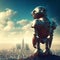 Lonely robot looking at the city far away on the horizon. Retro futuristic robot or androing on the cliff. Generative AI