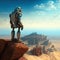 Lonely robot looking at the city far away on the horizon. Retro futuristic robot or androing on the cliff. Generative AI