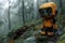 Lonely robot sitting in a foggy forest