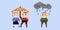 Lonely sad man gets wet in the rain and a happy couple under an umbrella,