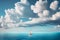 Lonely sailing boat among open sea with big clouds in the sky