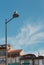 Lonely seagull sitting at street lantern on blue sky background. Wild bird on street lamp and old buildings background.