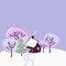 Lonely small house with the trees, smoke coming from the chimney, lots of snow around, on a cold winter day, vector