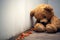 Lonely sorrow Childs teddy bear leans against wall, expressing sadness