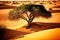 lonely sprawling tree in middle of sand and shady camel thorns in desert