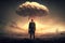 A lonely survivor in a soldier\\\'s uniform stands on the field and looks into the distance where a nuclear explosion is taking plac
