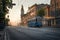 Lonely swiss tram in sunrise Soborna street Vinnytsia