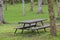 Lonely table with seats and trees in park