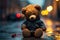 Lonely teddy bear, soaked and sad, perched on a rainy street
