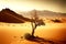 lonely thin tree in desert of sand and rare camel thorns against background of low mountains
