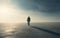 Lonely tiny man stands in desert, footprints, sunny day loneliness concept. Generative ai