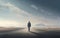 Lonely tiny man stands in desert, footprints, sunny day loneliness concept. Generative ai