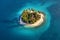 Lonely tiny round island with palm trees in the ocean, top view, generative ai