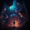 Lonely traveler boy in underworld with aliens digital art