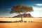 lonely tree in desert on sandy hill and large rock in background