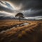 Lonely tree in the desert at sunset, South Island, generative ai