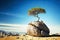 lonely tree growing on low rock in empty under clear blue sky