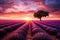 Lonely tree in lavender field at sunset, 3d render, Stunning lavender field landscape at summer sunset with a single tree, AI